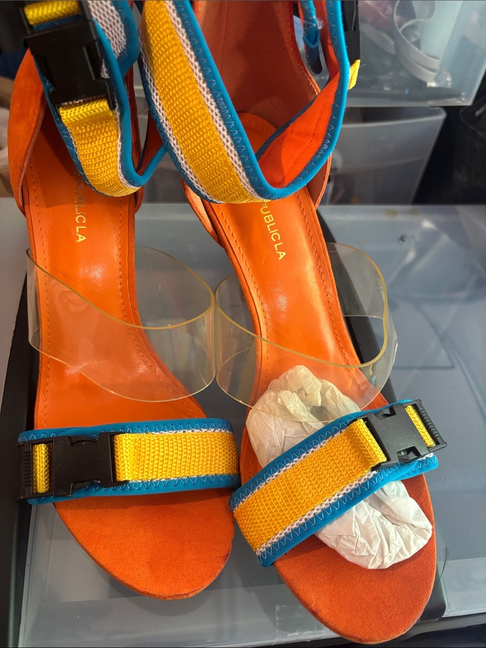 Shoe Republic  Orange Suede Sandals with Yellow & Blue Straps
